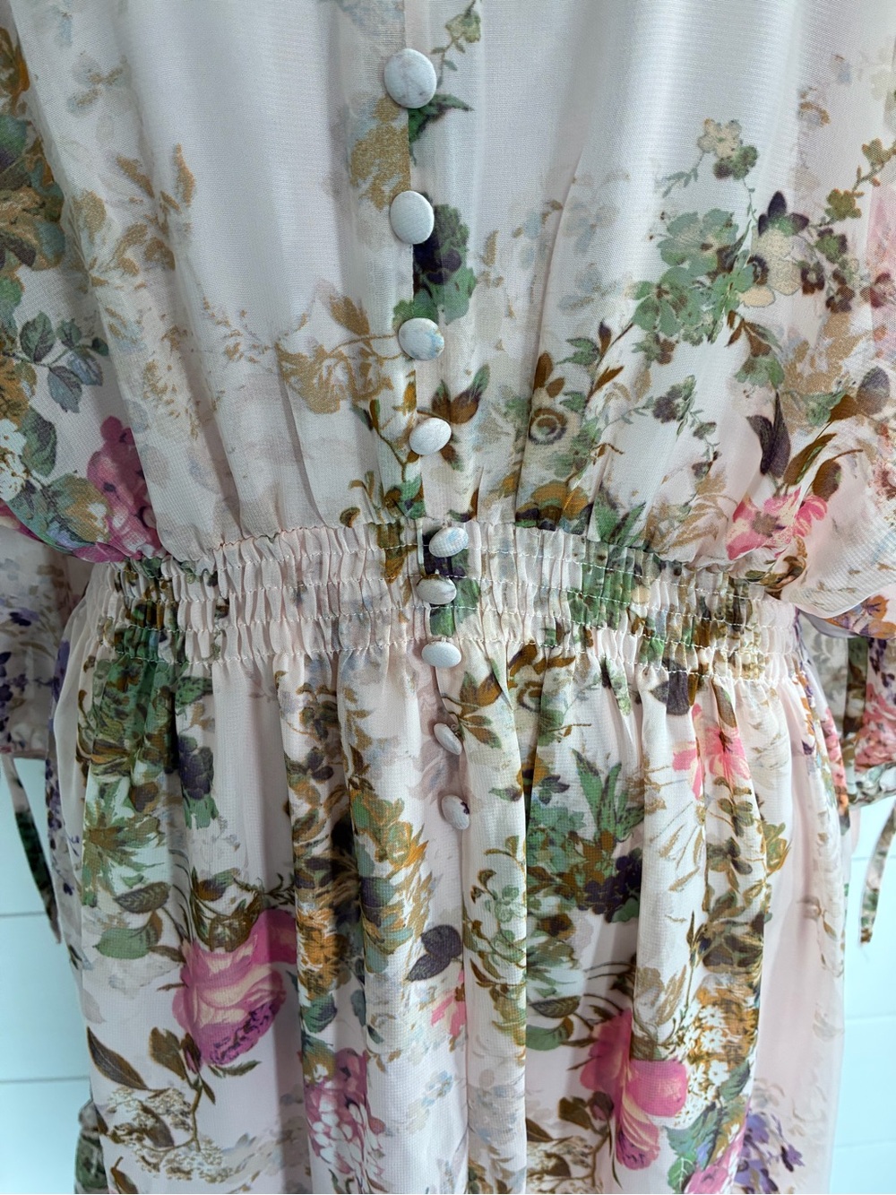 Taylor Floral Chiffon A-Line Dress 22W Pink Knee Length V-Neck Balloon Sleeve - Picture 6 of 11